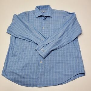Peter Millar Men Shirt Size XL Crown Stretch Cotton Blue Glen‎ Plaid Sport Shirt
